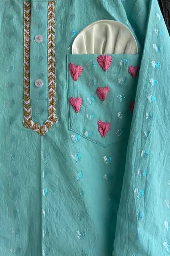 Aqua blue printed cotton silk Men Kurta Set
