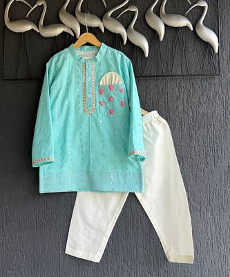 Aqua blue printed cotton silk Men Kurta Set 5
