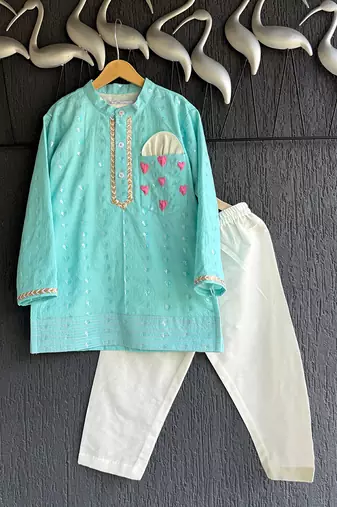 Aqua blue printed cotton silk Men Kurta Set