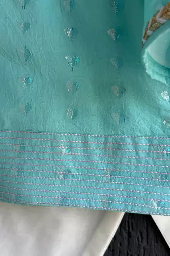 Aqua blue printed cotton silk Men Kurta Set