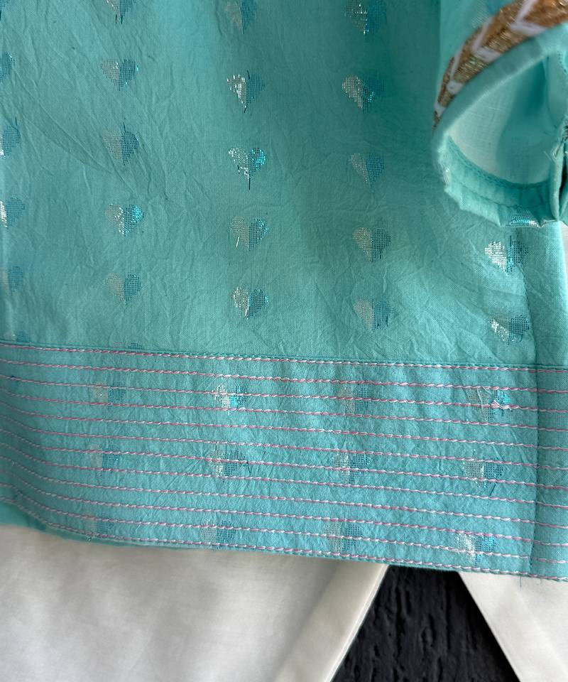 Aqua blue printed cotton silk Men Kurta Set