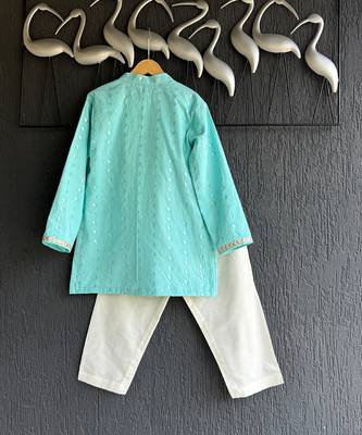 Aqua blue printed cotton silk Men Kurta Set 8