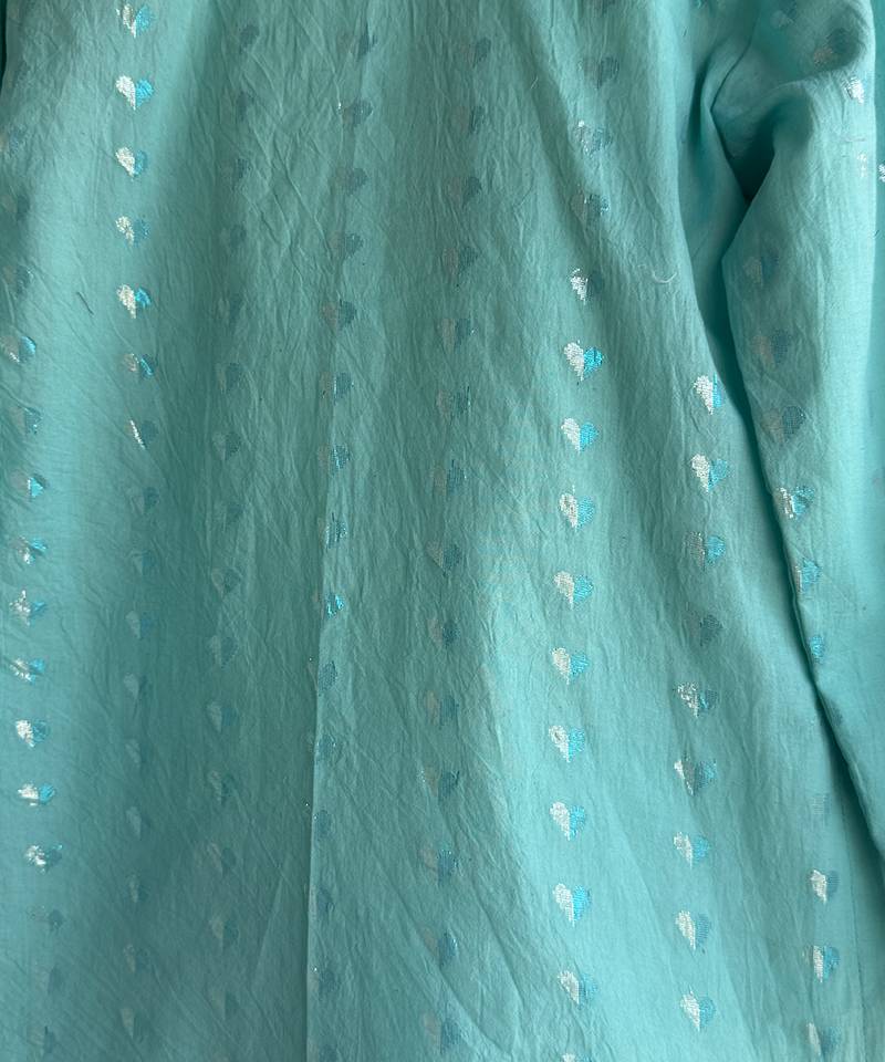 Aqua blue printed cotton silk Men Kurta Set