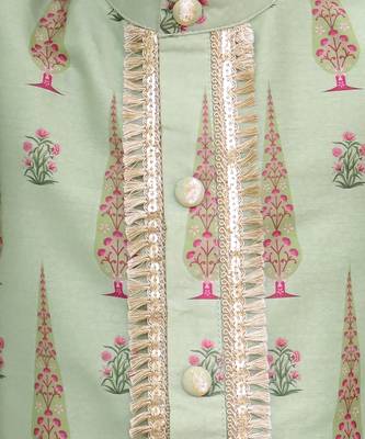 Green printed cotton silk kurta set 1