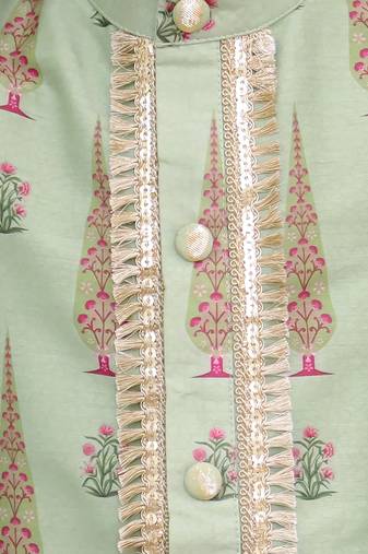 Green printed cotton silk kurta set