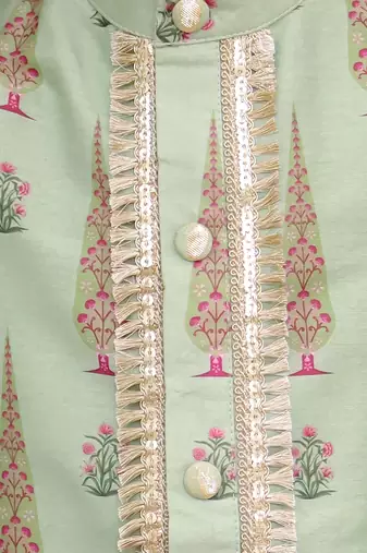 Green printed cotton silk kurta set