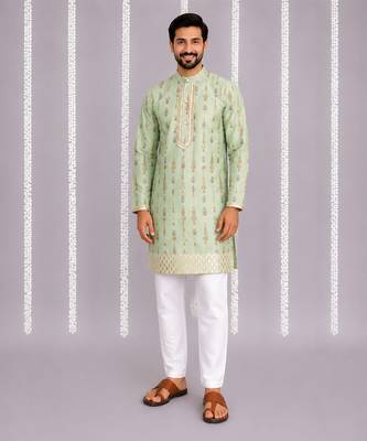 Green printed cotton silk kurta set 2