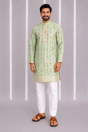 Green printed cotton silk kurta set