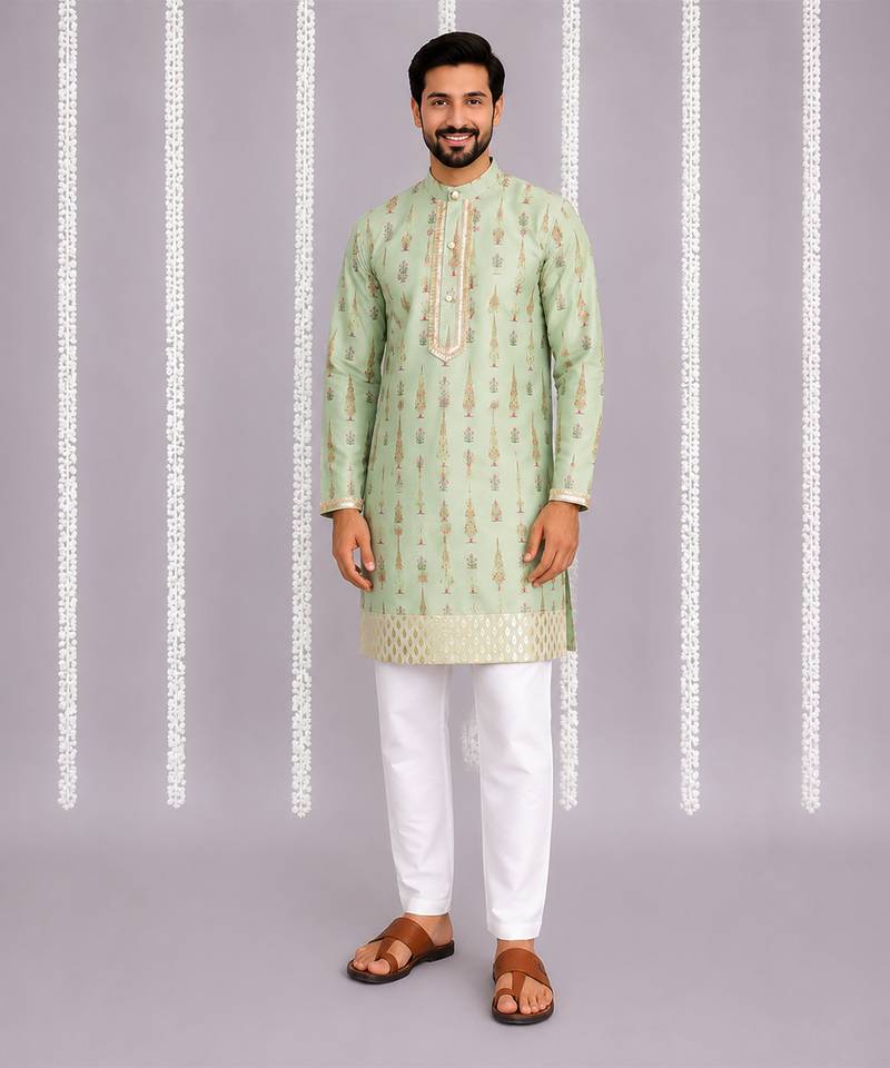 Green printed cotton silk kurta set