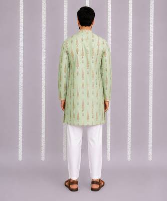 Green printed cotton silk kurta set 3