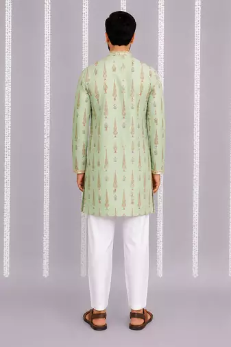 Green printed cotton silk kurta set