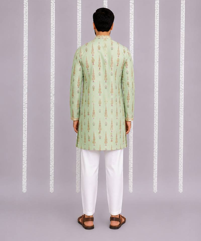 Green printed cotton silk kurta set