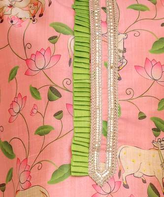 Peach pink floral printed cotton silk Men Kurta Set 1