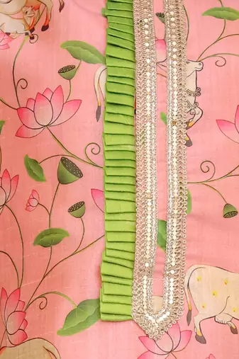 Peach pink floral printed cotton silk Men Kurta Set