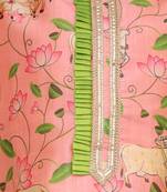 Peach pink floral printed cotton silk Men Kurta Set