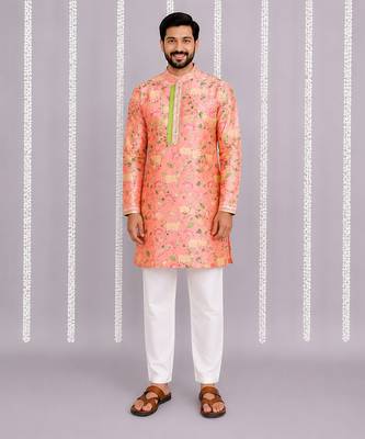 Peach pink floral printed cotton silk Men Kurta Set 2