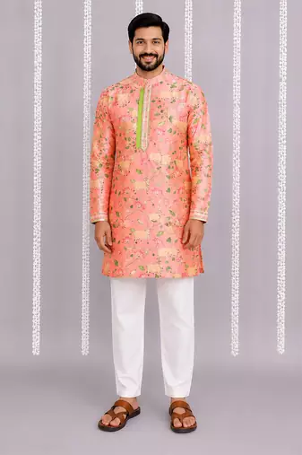Peach pink floral printed cotton silk Men Kurta Set