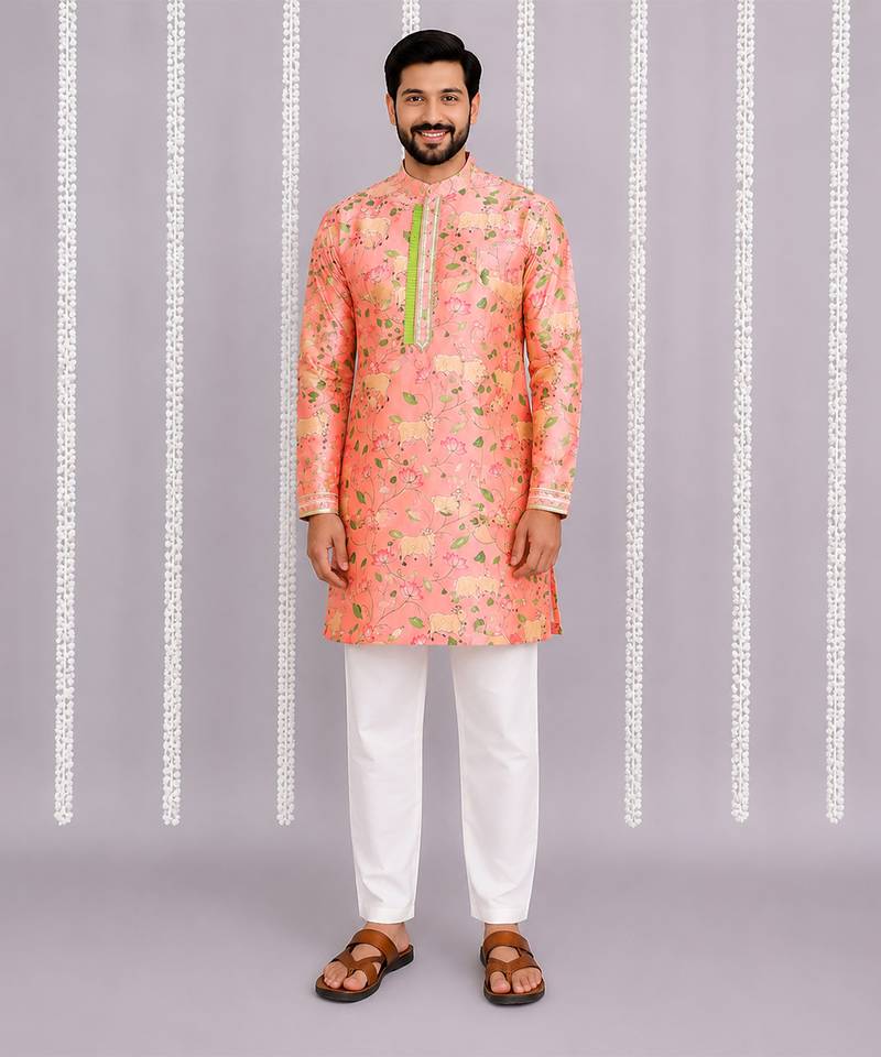 Peach pink floral printed cotton silk Men Kurta Set