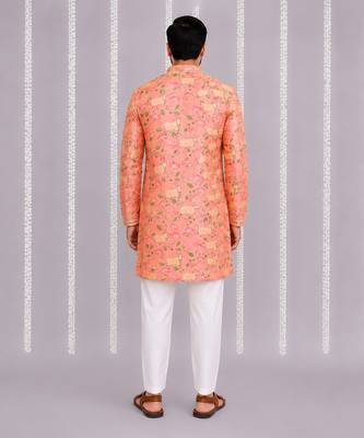 Peach pink floral printed cotton silk Men Kurta Set 3