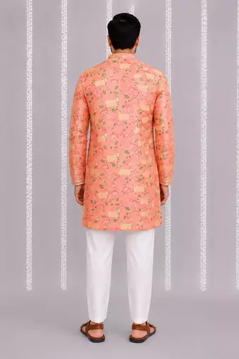 Peach pink floral printed cotton silk Men Kurta Set