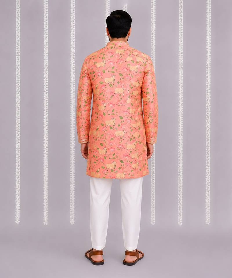 Peach pink floral printed cotton silk Men Kurta Set