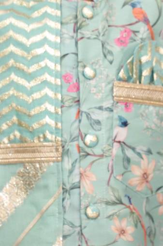Green printed cotton silk kurta set