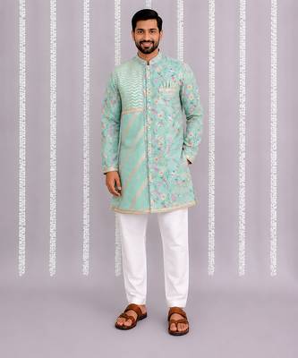 Green printed cotton silk kurta set 2