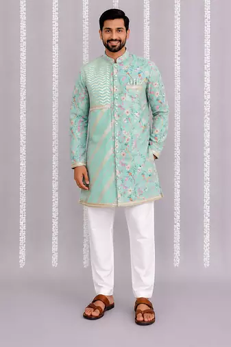 Green printed cotton silk kurta set