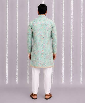 Green printed cotton silk kurta set 3