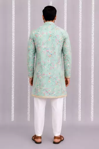 Green printed cotton silk kurta set