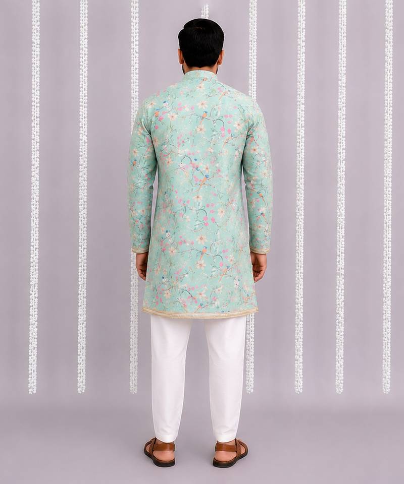 Green printed cotton silk kurta set