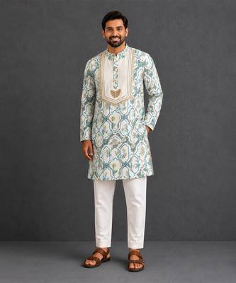 Off white printed cotton silk kurta set 1