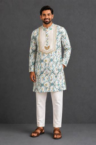 Off white printed cotton silk kurta set