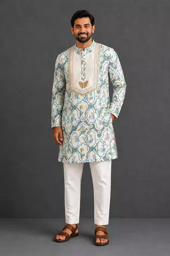 Off white printed cotton silk kurta set