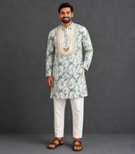 Off white printed cotton silk kurta set