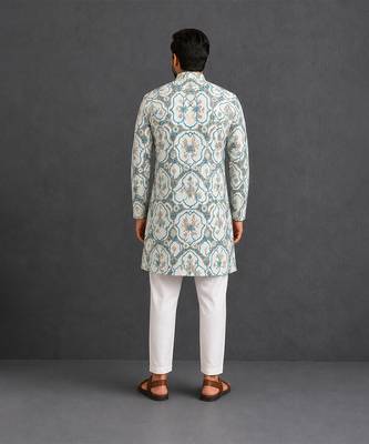 Off white printed cotton silk kurta set 2