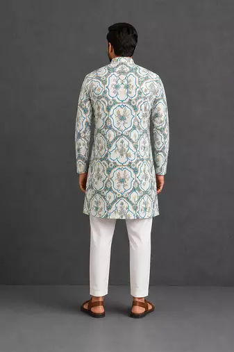 Off white printed cotton silk kurta set