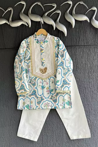 Off white printed cotton silk kurta set