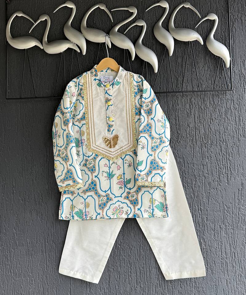 Off white printed cotton silk kurta set