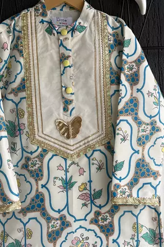 Off white printed cotton silk kurta set