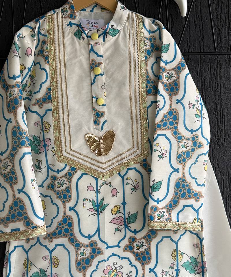 Off white printed cotton silk kurta set