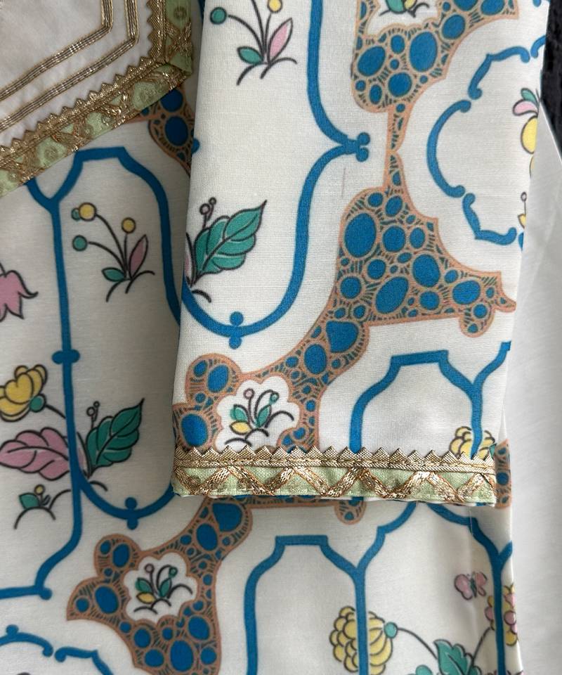Off white printed cotton silk kurta set