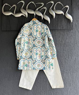 Off white printed cotton silk kurta set 8