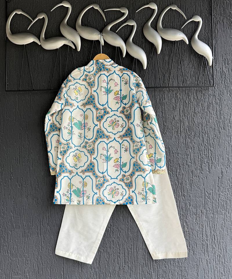 Off white printed cotton silk kurta set