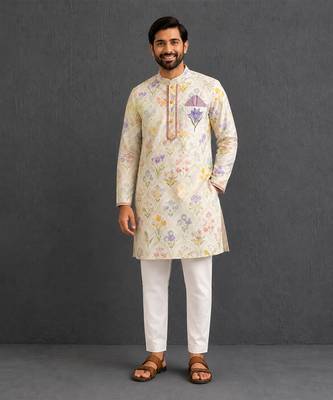 Off white printed cotton silk kurta set 1