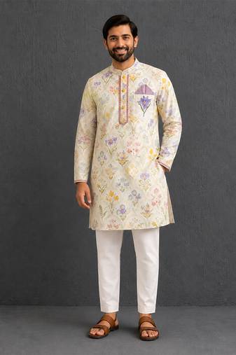 Off white printed cotton silk kurta set