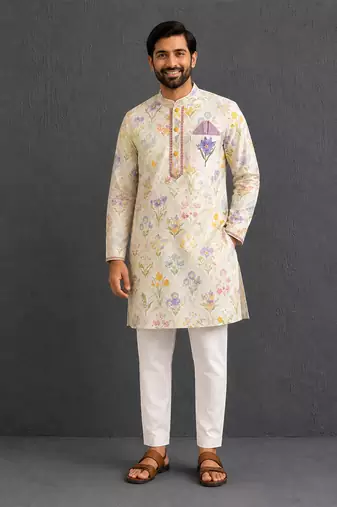 Off white printed cotton silk kurta set