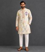 Off white printed cotton silk kurta set