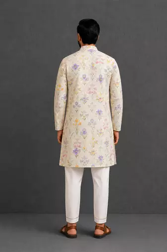 Off white printed cotton silk kurta set