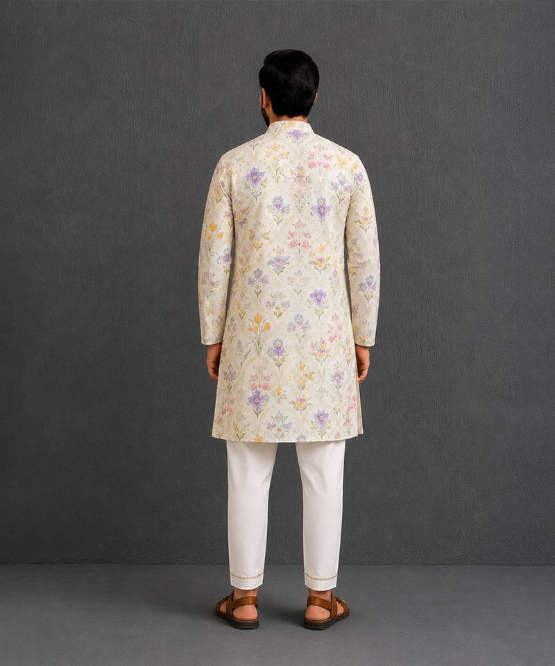 Off white printed cotton silk kurta set